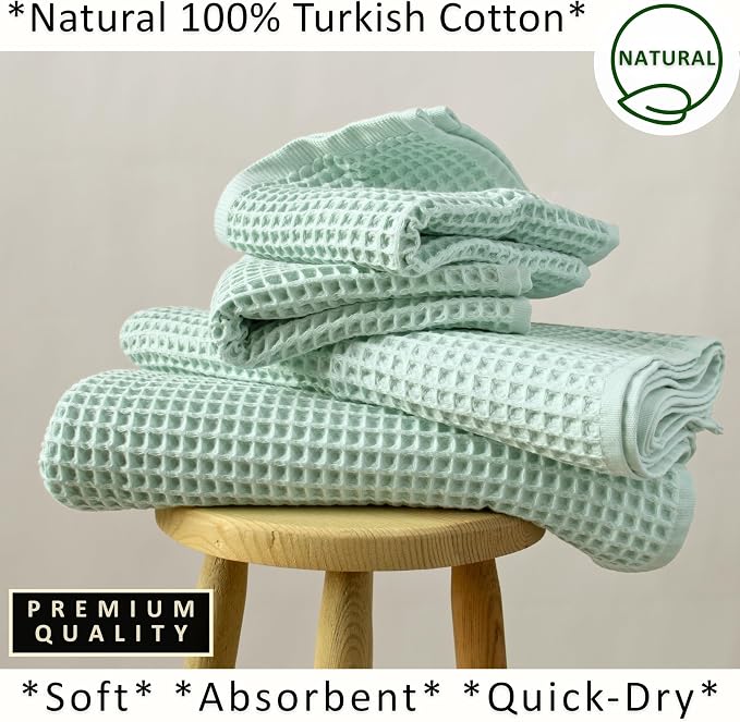 PÜSKÜL 4-Piece Natural 100% Turkish Cotton Luxury Waffle Towels for Bathroom | Premium Honeycomb Weave 2 Hand Towel & 2 Bath Towel Set | Soft Absorbent Quick-Dry Lightweight Towels (Ice Green)