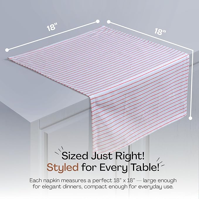 Red Stripe Dinner Napkins (Set of 12), Large 18 x 18 Inches, 100% Cotton, Soft, Absorbent & Durable Classic Striped Table Napkin for Everyday Use, Parties, Wedding Receptions, Lunch