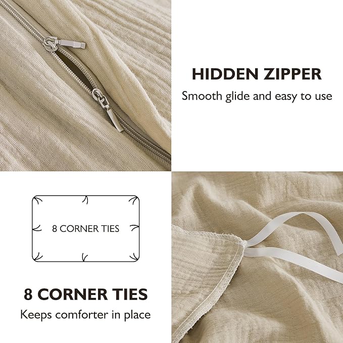 EMME Muslin Cotton Duvet Cover Set Twin Size Linen Like Soft Breathable Lightweight Summer Comforter Cover Set with Zipper Closure (Twin, 68"x90")