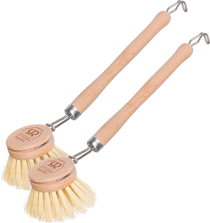 Redecker Dish Brush, Tampico Fiber, 1-1/2 Inch Round, 2 Pack – Wooden Dish Scrub Brushes for Everyday Cleaning, Untreated Beechwood, Made in Germany