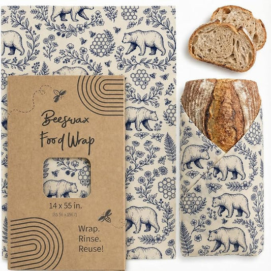 XXL Reusable Beeswax Wraps For Food - 14 x 55 in Roll | Cut to Size Bees Wax Wraps Reusable | Extra Large Beeswax Paper Sheet | Cute Bees Wax Roll for Food Wraps (Blue Bears and Bees)