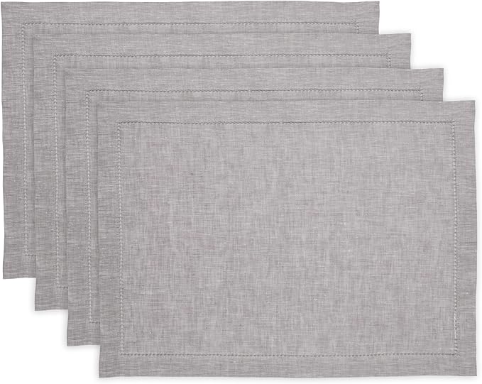 Solino Home Linen Placemats Set of 4 - Milan Hemstitch Oyster Grey Placemats 14 x 19 Inch - 100% Pure Linen Table Mats for Summer