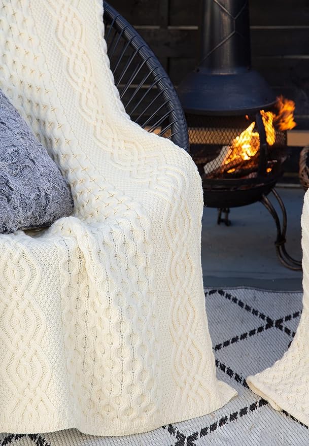 SAOL Honeycomb and Cable Knit Patterns 100% Irish Merino Wool Aran Throw/Blanket 60 x 40 inches (Natural)