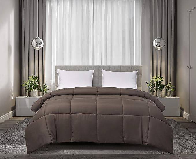 Blue Ridge Home Fashions Microfiber Light Weight Solid Down Alternative All Season Comforter-Hypoallergenic Polyester Fill, Full-Queen, Chocolate