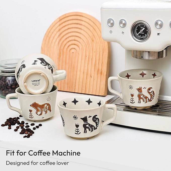 Ceramic Coffee Mug, 11 oz Small Novelty Unique Teacup with Handle, Stoneware Cup for Tea Mocha Latte Cappuccino (Set of 2, Fox and Bear)