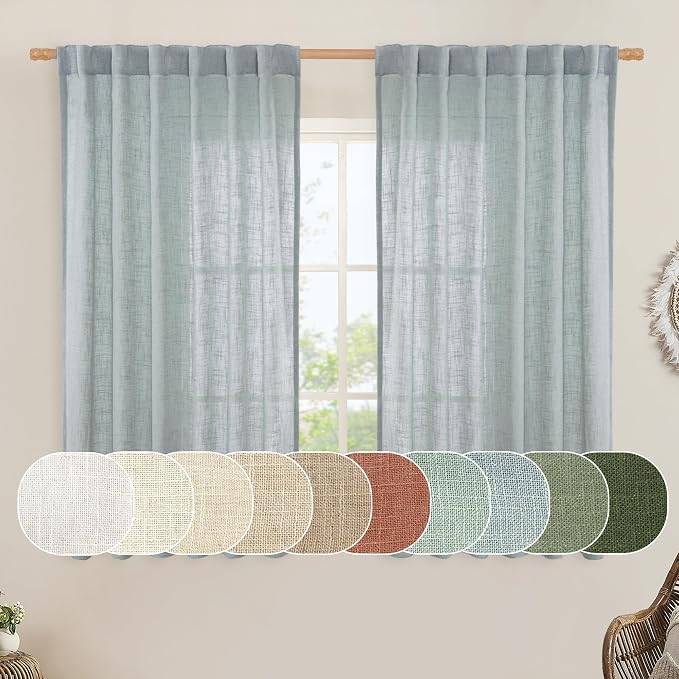 LAMIT Linen Semi Sheer Curtains 48 Inch for Bedroom, Light Filtering Neutral Window Curtains Farmhouse Boho Back Tab and Rod Pocket Panels, Greyish Blue, 2 Panels, 52 x 48 Inch