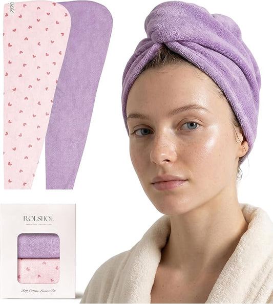 ROLSHOL Cotton Hair Towel Wrap for Women, 2 Pack 100% Cotton Hair Drying Towels for Long, Thick & Curly Hair, 32" x 11" Large Hair Turban for Wet Hair with Elastic Band (Purple)