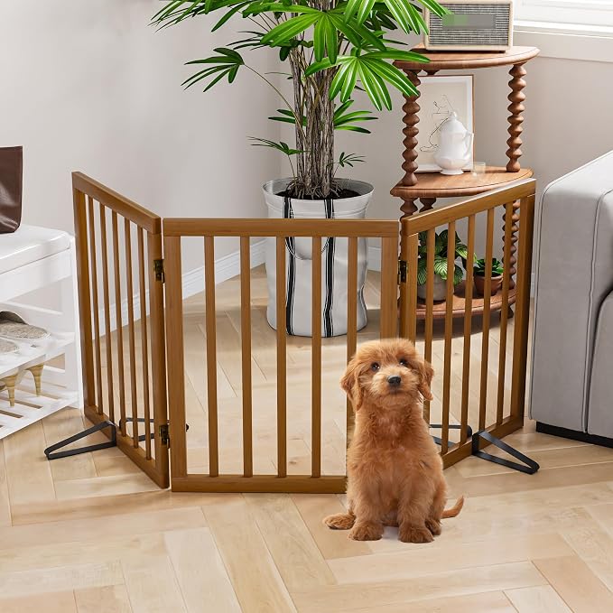 Semiocthome Freestanding Dog Gate 24“Tall, Walnut Foldable Dog Gates for Doorways Stairs Indoor, Wooden 3 Panels Pet Gates for Dogs with 2 Metals Stands, Fully Assembled Door Gates Fences