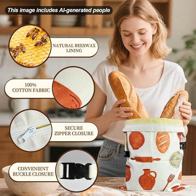 Reusable Cotton Beeswax Bread Bags 2 Pack – Extra Large 13"x17" Zipper & Roll-Buckle Double Seal for Homemade Sourdough, Keep Bread Fresh Longer, Zero Waste Bread Storage for Loaf Baguette (ClayMark)