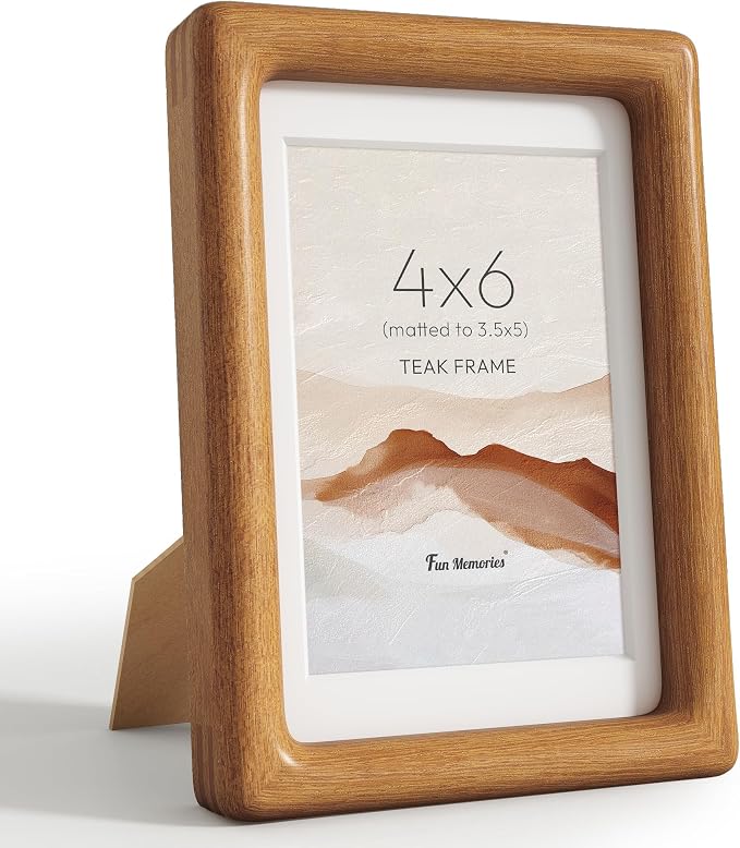 4x6 Picture Frame, USA-Sourced Teak Wood Photo Frames with HD Tempered Glass, Display Photo 3.5x5 with Mat or 4x6 Without Mat, 4 x 6 Frame for Tabletop or Wall Display, Teak Color, 1 Pack