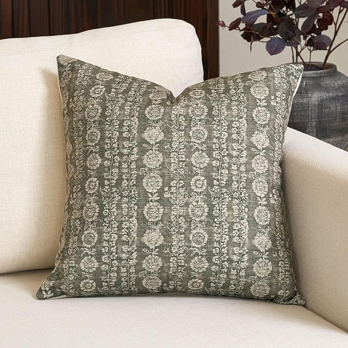 Amor Virisso Vintage Floral Throw Pillow Covers 24x24 Striped Farmhouse Block Print Pillow Cover Boho Neutral Decorative Pillows for Living Room Bed, Dusty Green
