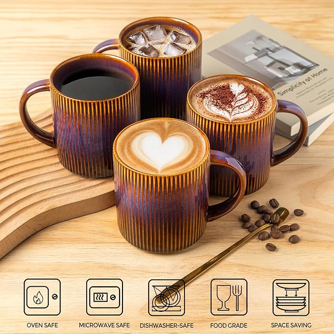 theterra Ceramic Coffee Mugs Set of 6, 14.2oz Handmade Coffee Cups with Handle for Latte, Tea, Milk, Beer, Hot Cocoa, Amber Amethyst