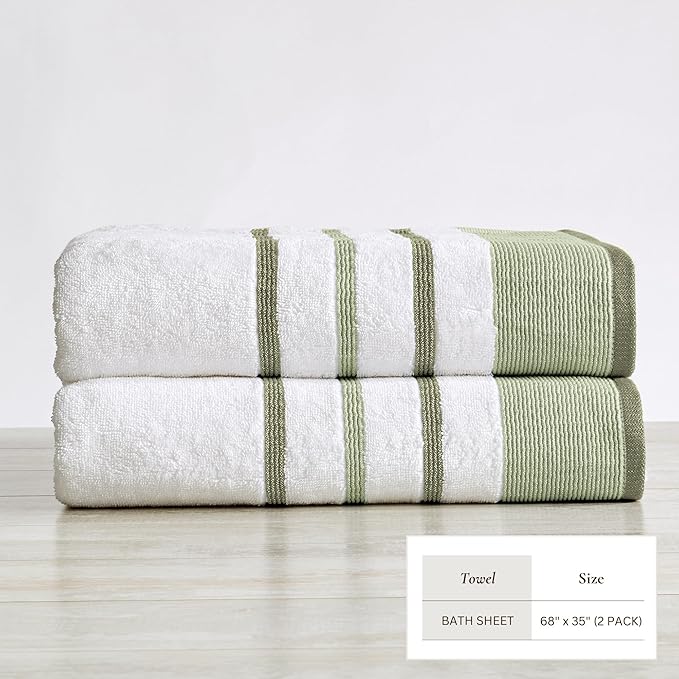 Great Bay Home Decorative Oversized Bath Sheet Set - Cotton 2 Pack 68x35 Extra Large Towels - Durable Towels for Bathroom Decor (Desert Sage Green/Moss Green)