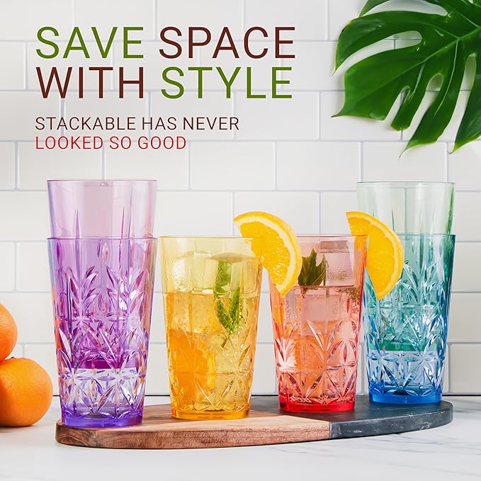Bravario Royal Plastic Drinking Tumbler, Premium Quality Water Glasses, Dishwasher-Safe BPA-Free Durable Mixed Colors Assorted Stackable Cups, 18 oz Set of 12
