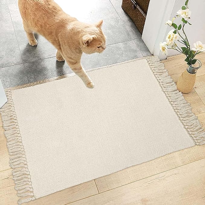 Collive Small Bathroom Rug, 2' x 3' Hand-Woven Low Profile Front Entryway Rug, White/Beige Cotton Reversible Washable Kitchen Mat Modern Farmhouse Carpet for Foyer Bedroom Back Door Decor