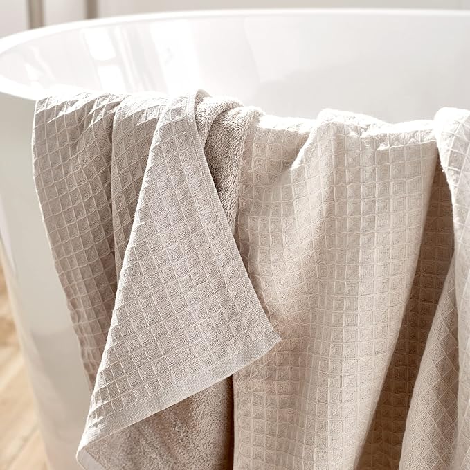 UCHINO Waffle Twist Cotton Weave Towel Set for Bathroom – 2 Bath, 2 Hand, 2 Washcloths, Lightweight Absorbent Quick Dry Honeycomb Texture Solid Terry Loop Reverse, 6 Piece, Linen