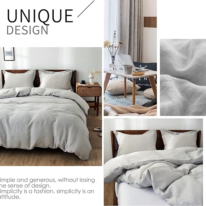 Simple&Opulence 100% Linen Duvet Cover Set 2pcs Basic Style Natural French Washed Flax Solid Color Soft Breathable Farmhouse Bedding with Button Closure - Light Grey, Twin