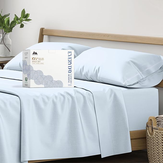 Mayfair Linen 100% Organic Cotton Sheets Full Size - 4 PC Organic Cotton Full Size Percale Weave Sheet Set, Soft, Cooling, Crisp & Breathable, 16" Deep Pocket Hotel Quality Bedding Set - Light Blue