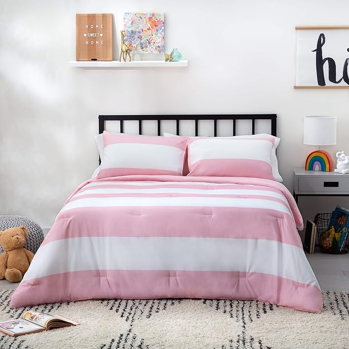 LINENSPA All Season Hypoallergenic Down Alternative Microfiber Comforter, California King, Pink/White