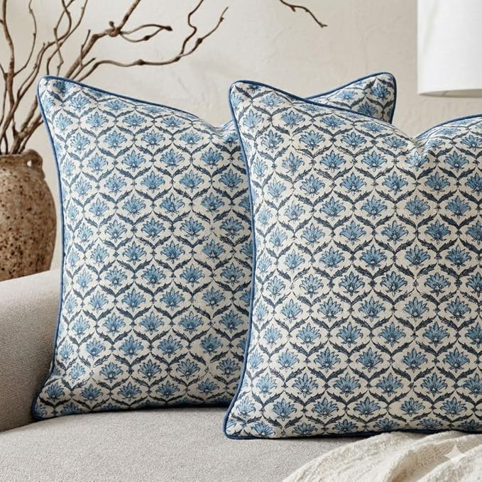 CPC Jeans Blue Block Print Throw Cushion Cover 24 x 24 Inch Set 2 - Decorative Boho Floral Pillow Case for Living Room, Bed, Sofa, Couch, Home Decor Cushion Cover Gift for Spring, Mother's Day