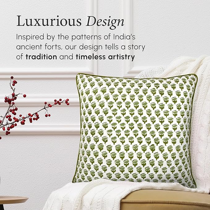 CPC 100% Cotton Throw Pillow Covers 20x20 Inch, Set of 2 Green Block Print Pattern Couch Pillow, Cute Boho Decorative Pillows for Living Room, Bedroom with Hidden Zipper- Emerald Green