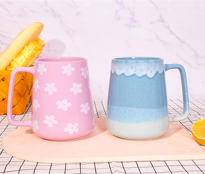 24oz Large Ceramic Coffee Mug with Big Handle, Handmade Kiln Glazed Large Coffee Mug Tea cup, Novelty Mug，Unique Uneven Surface for Office and Home，Microwave and Dishwasher Safe (Light Blue)