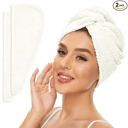 SimpleField 2 Pack Microfiber Hair Towel Wrap for Women, Anti Frizz Quick Drying Hair Turban for All Hair Style, Absorbent and Lightweight (Ivory)