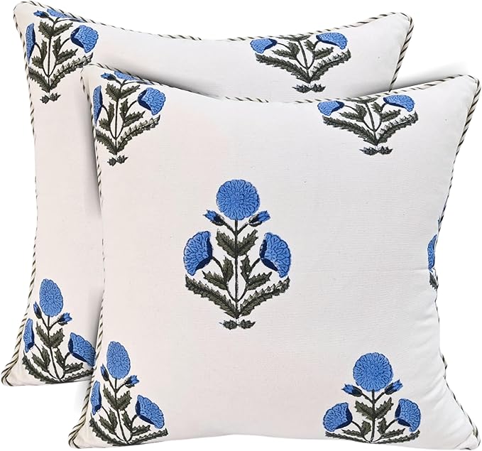 ATOSII Block Print Boho Throw Pillow Covers, 24 X 24, Set of 2, Decorative Couch Pillows for Living Room, 100% Cotton Canvas Acccent Pillows, Christmas Thanksgiving Fall Preppy Throws - Poppy Blue