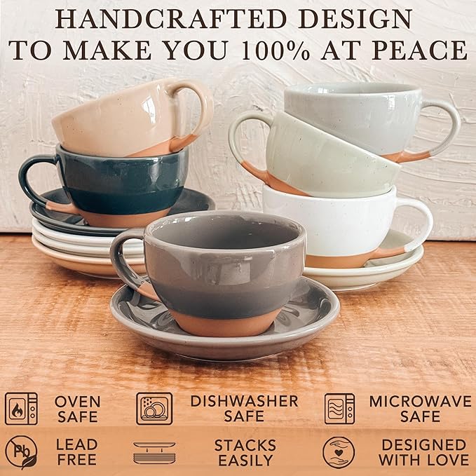 MORA Ceramic Latte Art Mug With Saucer - 10.5 oz, Round Bottom For Perfect Pours - Cafe Cups for Cappuccino, Espresso, Coffee, Tea etc - Porcelain Set for Baristas, Great Gift - Sesame Milk