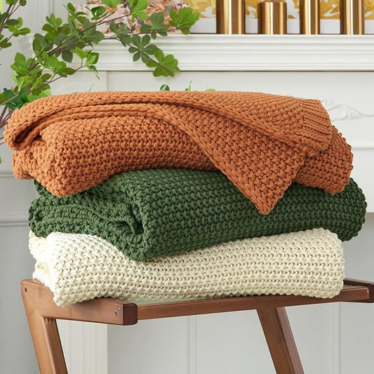 Longhui bedding Chunky Cable Knit Throw Blanket Lightweight Cream 100% Organic Cotton Blanket for Sofa Couch Bed Baby Nursery, Rustic Shabby Chic Modern Farmhouse, 51” x 63” Give Laundering Bag