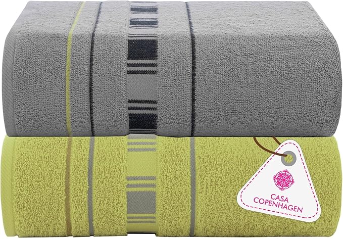 CASA COPENHAGEN X Line 2Pcs 100% Egyptian Cotton Large Designer Bathsheet Towels Gift Set- Grey - Green, 600GSM, 35"x70" 2Bath Sheet Towels for Bathroom Set for Women & Men