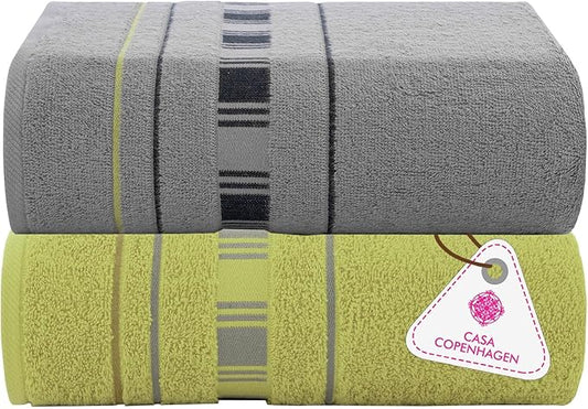 CASA COPENHAGEN X Line 2Pcs 100% Egyptian Cotton Large Designer Bathsheet Towels Gift Set- Grey - Green, 600GSM, 35"x70" 2Bath Sheet Towels for Bathroom Set for Women & Men