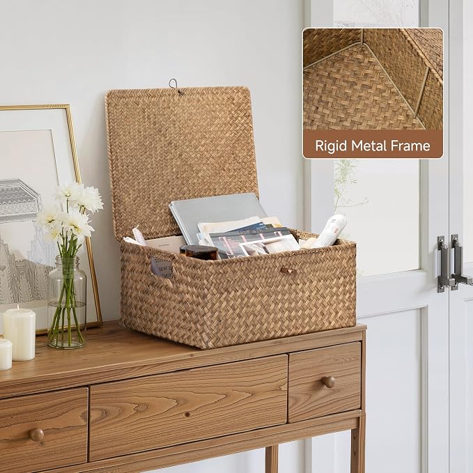 StorageWorks Extra Large Wicker Baskets, Seagrass Storage Baskets for Shelves, Decorative Box with Built-in Handles,Brown