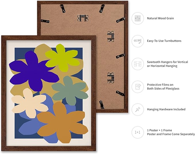 Monem Art Colorful Abstract Floral Shapes Print - Modern Minimalist Flower Art Poster - Wall Decor for Living Room, Bedroom or Office - 16x20 Brown Framed Wall Art by Rs Lab Studio