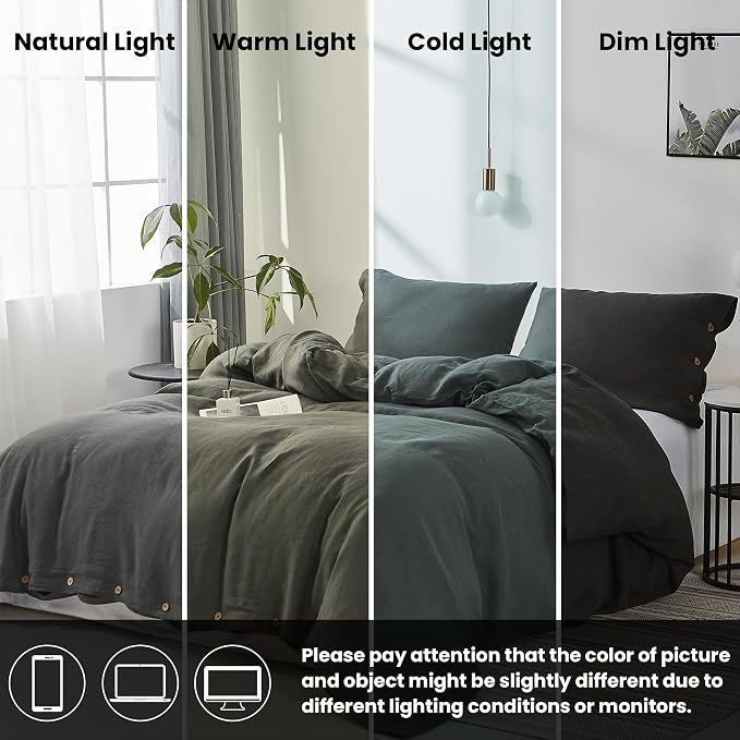 Simple&Opulence 100% Linen Duvet Cover Set 3pcs with Coconut Button Closure Natural French Washed Flax Solid Color Soft Breathable Farmhouse Bedding - Dark Grey, Full Size