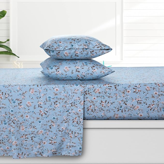 AZORES HOME Twin Organic Cotton Sateen Sheet Set - Deep Pocket, 300 Thread Count, 3-Piece Luxury Bedding, Carolina Blue
