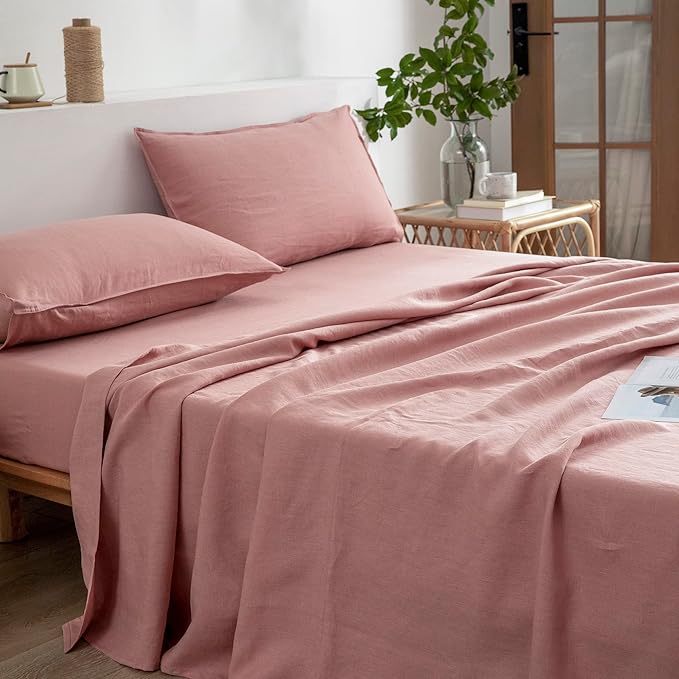 EVERLY Linen California King Sheets Set, 100% Stonewashed French Linen Bed Sheets Deep Pocket Sheets, 4 Pieces (1 Flat Sheet, 1 Fitted Sheet, 2 Pillowcases) Natural Flax Bedding Set-Pink