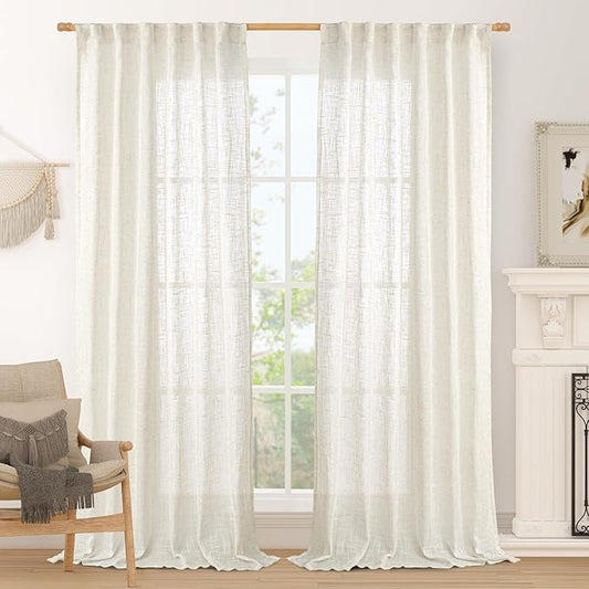 LAMIT Cream Linen Curtains 90 Inch for Living Room, Back Tab and Rod Pocket Linen Textured Boho Curtains Light Filtering Rustic Drapes for Bedroom/Dining Room, Set of 2, 52 x 90 Inch
