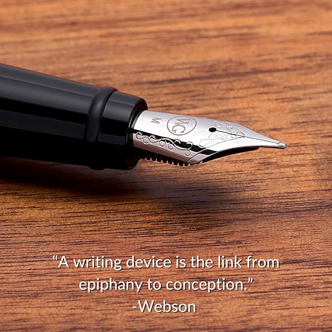 'Show Up' Black Luxury Executive Fountain Pen, Woven Polished Lacquer, Chrome Accents, Stainless Steel Nib, Easy Refill Ink Piston Converter, Smudge Free No Bleed, Fits Instant Insert Ink Cartridges