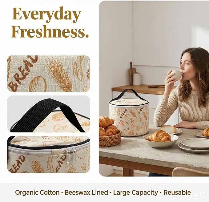 Organic Cotton Beeswax Bread Bags 9.8" x 6.Cotton Wash. Reus. Eco | Natural beeswax locks in freshness. Large reusable round Bread Bags for homemade sourdough. Organic cotton, freezer-safe