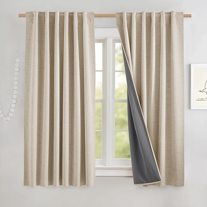NICETOWN 100% Black Out Curtains 63 inch Long for Kitchen, Burlap Linen Drapes with Thermal Insulated Grey Liner, Keeping Out Cold Air and Heat Panels for Privacy (Set of 2, 52" Width, Beige)