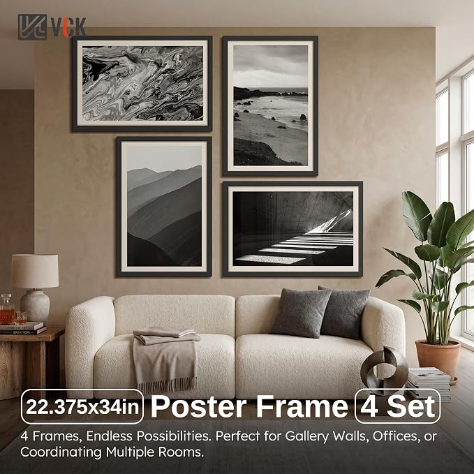 VCK 22.375x34 Poster Frame Black - 4 Pack, Gallery-Quality Wood Picture Frames, 1.1-Inch Wide Border, Polished Plexiglass, Vertical or Horizontal Wall