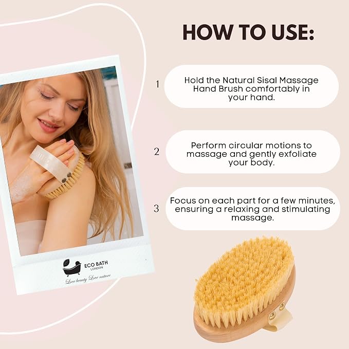 Eco Bath London Natural Sisal Massage Hand Brush - Dry Brushing Body Brush for Exfoliation and Improved Circulation, Natural Bristle Body Scrubber