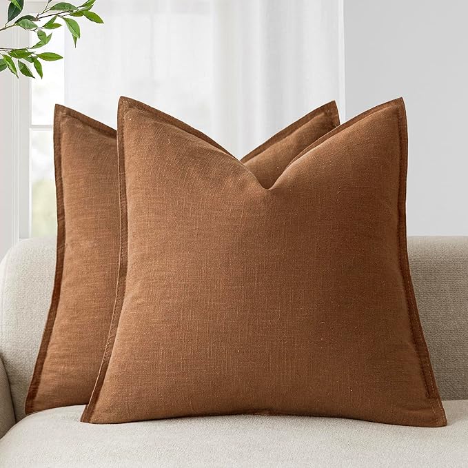 Foindtower Pack of 2, Decorative Linen Soild Throw Pillow Covers Soft Accent Cushion Case Boho Farmhouse Pillowcase for Couch Sofa Bedroom Living Room Home Decor 22 x 22 Inch Orange Brown