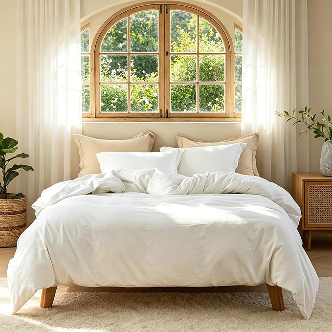 FALUCA French Linen Blend Duvet Cover Set 3Pcs King (104"x92") - Soft, Breathable, Cooling Farmhouse Bedding for Summer Hot Sleeper (King, White)