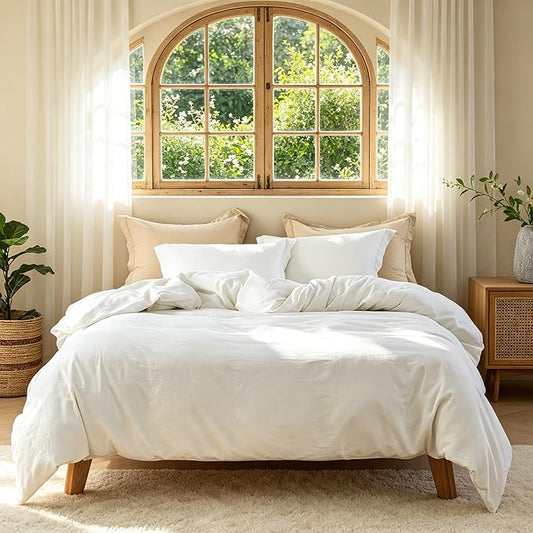 FALUCA French Linen Blend Duvet Cover Set 3Pcs King (104"x92") - Soft, Breathable, Cooling Farmhouse Bedding for Summer Hot Sleeper (King, White)