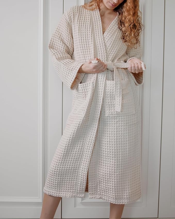 100% Cotton Waffle Kimono Bathrobe for Men & Women, Cozy Leisurewear with Functional Pockets, Comfortable Robe for Relaxation