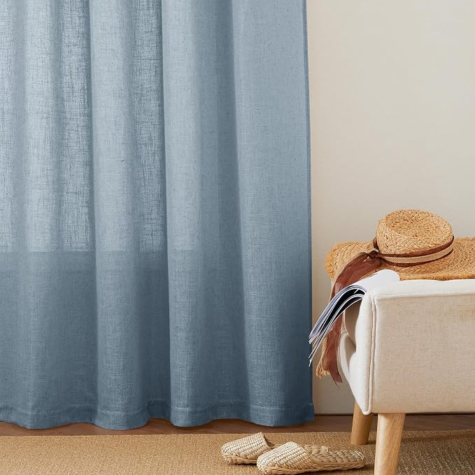 RYB HOME Semi Sheer Curtains for Living Room Dining Room, Linen Texture Window Decor Sun Protection Modern for Bathroom Doorway, W 52 x L 102 inch, 2 Pcs, Dusty Blue