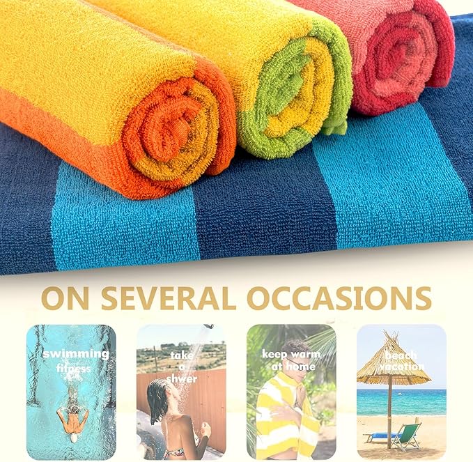 CASA COPENHAGEN Malibu Towel 4Pcs Navy Designer Stripe Beach Towels Gift Set, 30"x60" Oversized 100% Cotton Pool Bath Towel for Beach Gift Set (Perfect Summer Gift Set for Women & Men)