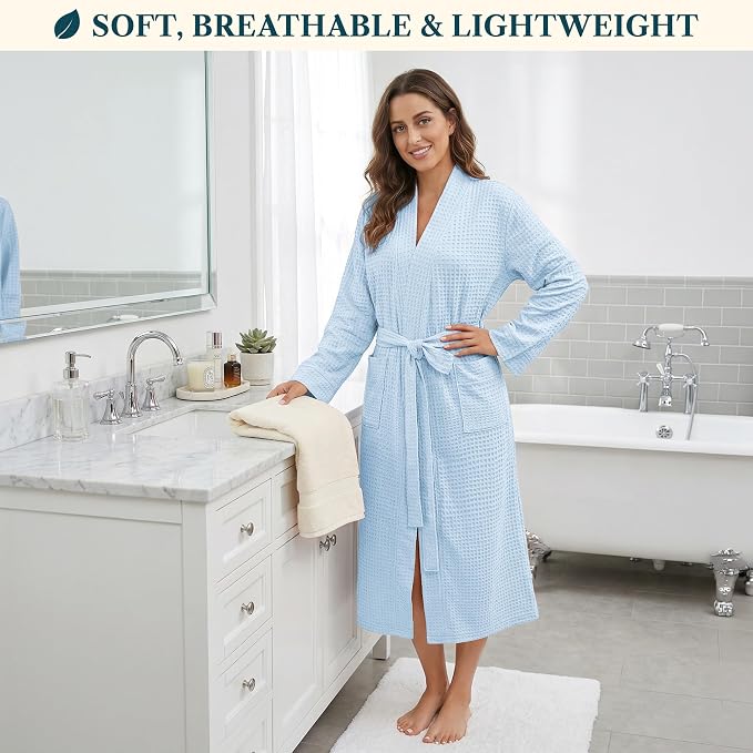 PAVILIA Womens Waffle Knit Robe Lightweight Cotton Blend Full Length House Bathrobe with Pockets